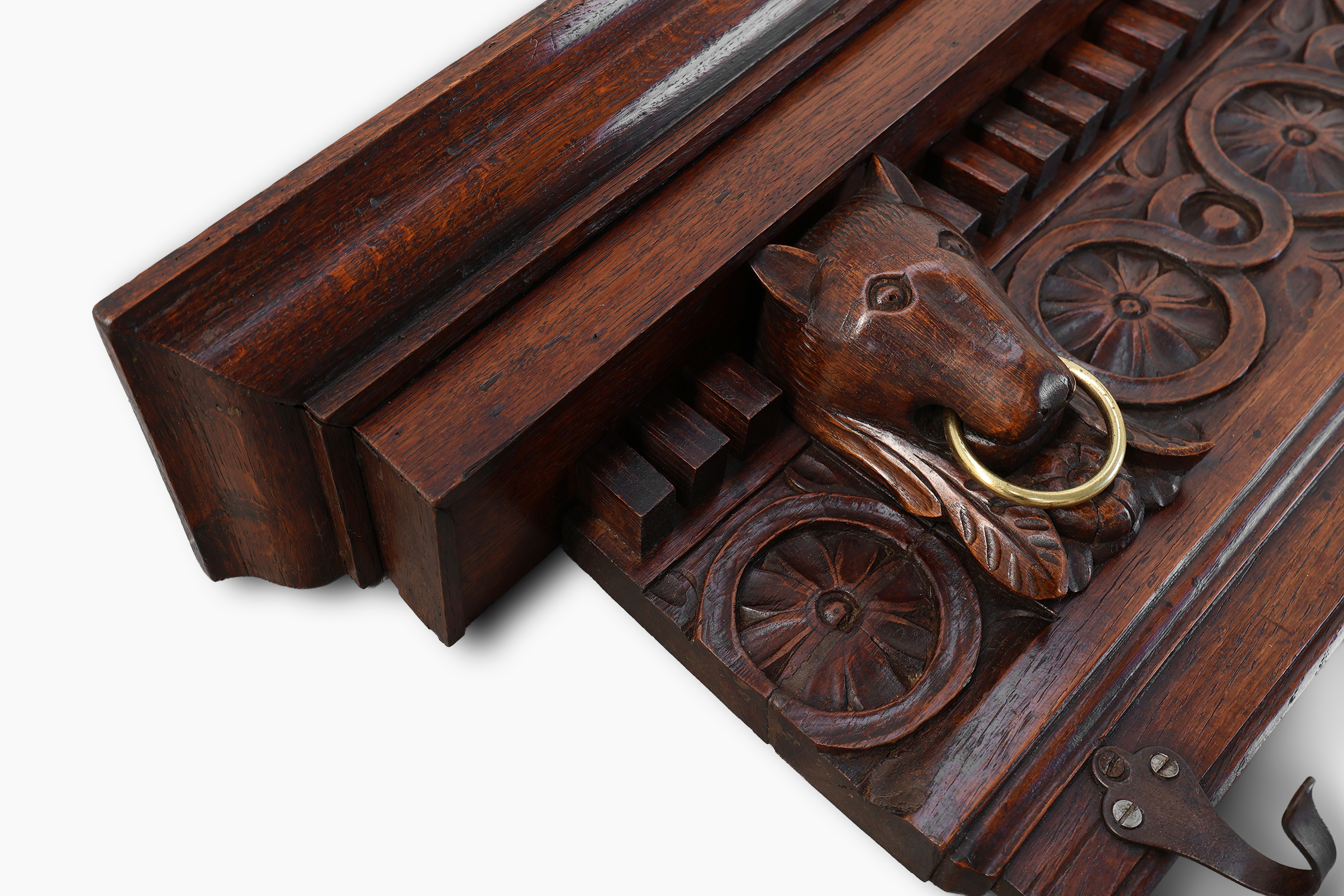Large 18th Century Gothic solid oak hand carved coat rack, France thumbnail
